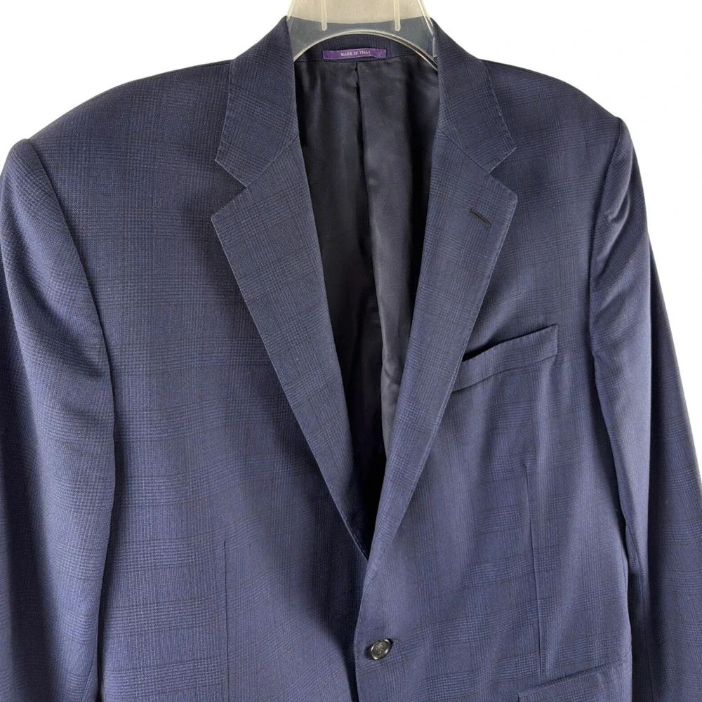 Ralph Lauren‎ Purple Label Mens 44R Blue Glen Plaid Wool Blazer Sport Coat Italy